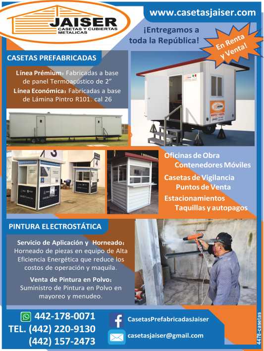 Renta y Venta de Casetas Metalicas y Moviles para Obras y Puntos de Venta, Bodegas de obra, Casetas de Vigilancia, Taquillas, Auto Pagos. Pintura Electrostatica.