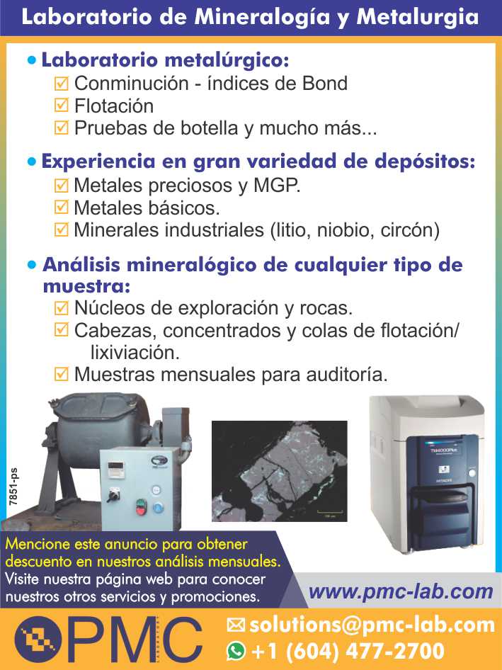 Analisis de procesos de concentracion o lixiviacion. -Analisis mineralogico de cualquier tipo de muestra y Laboratorio Metalurgico. - Laboratorio Metalurgico.